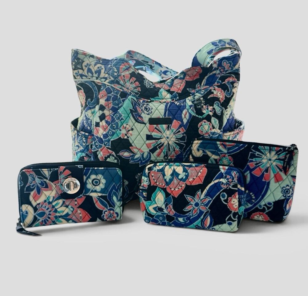 RARE Vera Bradley Pleated Tote Bag LOTUS FLOWER SWIRL Turn Lock Wallet Cosmetic